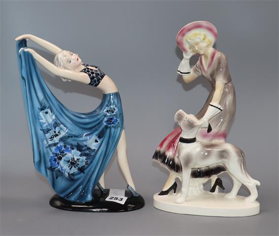 A Goldscheider figure of a dancer, designed by a Lorenzl and a German Art Deco pottery groups (2), repair